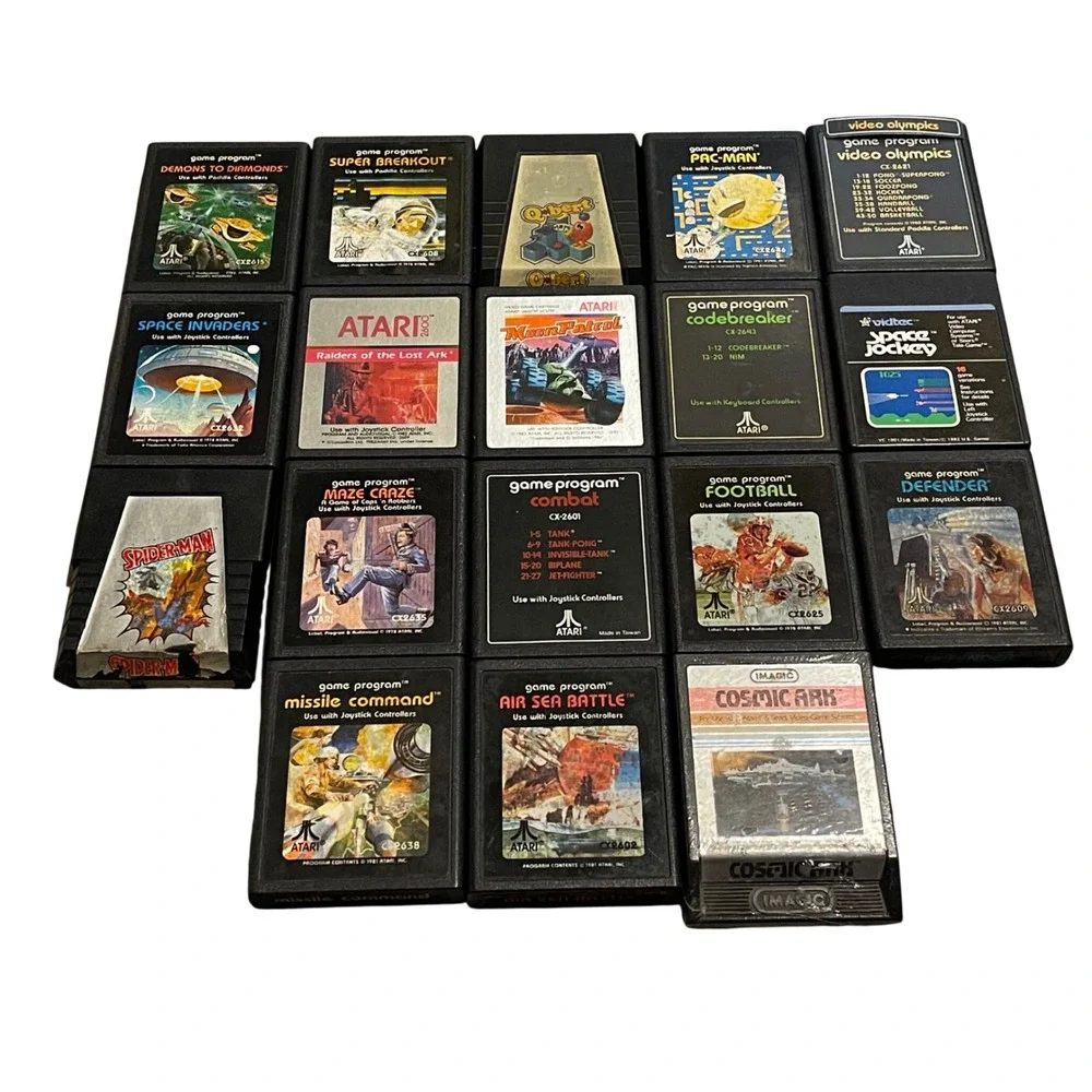 Atari 2600 Vintage Game Lot 18 Cartridges PacMan Space Invaders Spider-Man Qbert
